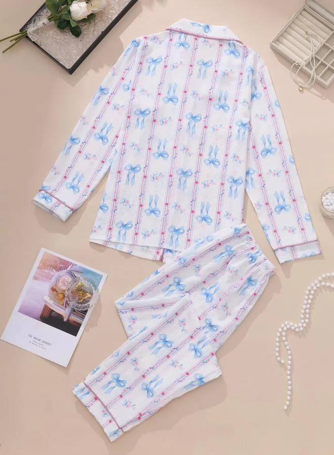 تايك تو طقم قميص وبنطال بيجاما بطبعة فيونكة جرافيك للنساء